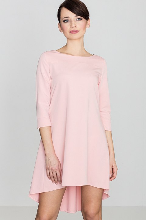 Elegancka sukienka asymetryczna z plisą i rękawem 3/4 różowa K141 Elegancka sukienka asymetryczna z plisą i rękawem 3/4 różowa K141