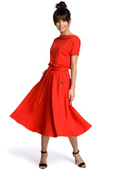 Letnia sukienka rozkloszowana midi z paskiem krótki rękaw czerwona B067