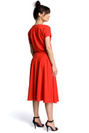Letnia sukienka rozkloszowana midi z paskiem krótki rękaw czerwona B067