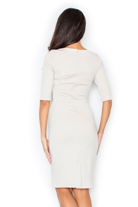 Elegancka sukienka klasyczna dopasowana midi z zamkiem beżowa M202 Elegancka sukienka klasyczna dopasowana midi z zamkiem beżowa M202