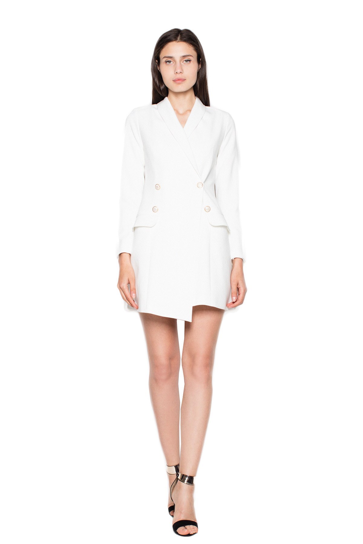Elegancka sukienka żakietowa mini zapinana długi rękaw ecru VT082 Elegancka sukienka żakietowa mini zapinana długi rękaw ecru VT082