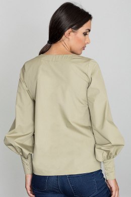 Koszula damska z bufiastymi rękawami i dekoltem w szpic oliwkowa M561