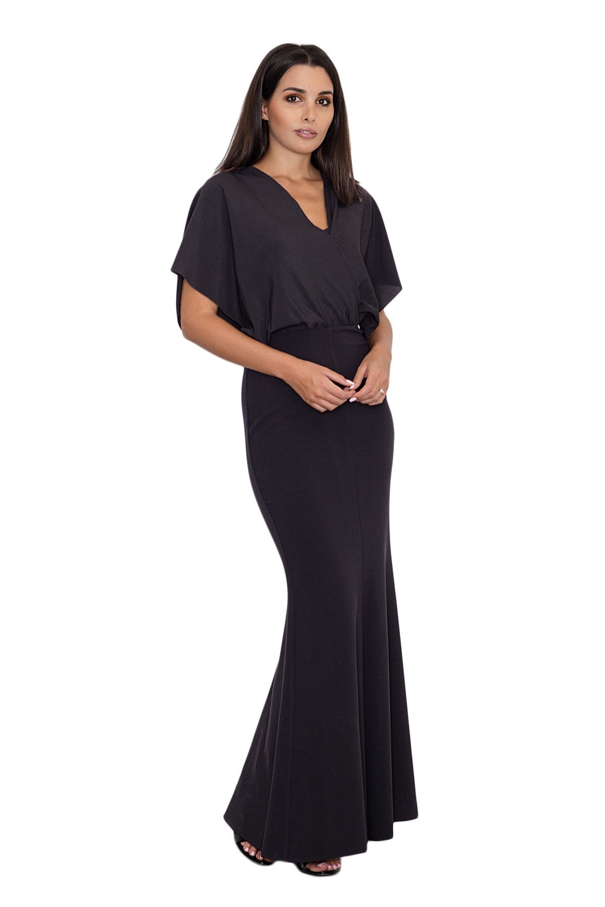 Elegancka sukienka maxi dopasowana z krótkim rękawem czarna M577 Elegancka sukienka maxi dopasowana z krótkim rękawem czarna M577