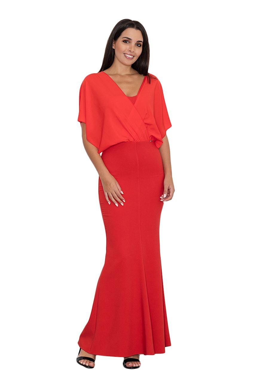 Elegancka sukienka maxi dopasowana z krótkim rękawem czerwona M577 Elegancka sukienka maxi dopasowana z krótkim rękawem czerwona M577