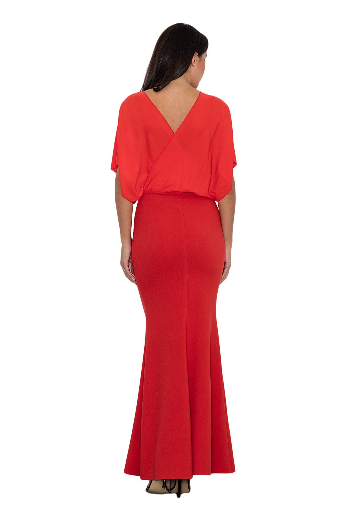Elegancka sukienka maxi dopasowana z krótkim rękawem czerwona M577 Elegancka sukienka maxi dopasowana z krótkim rękawem czerwona M577