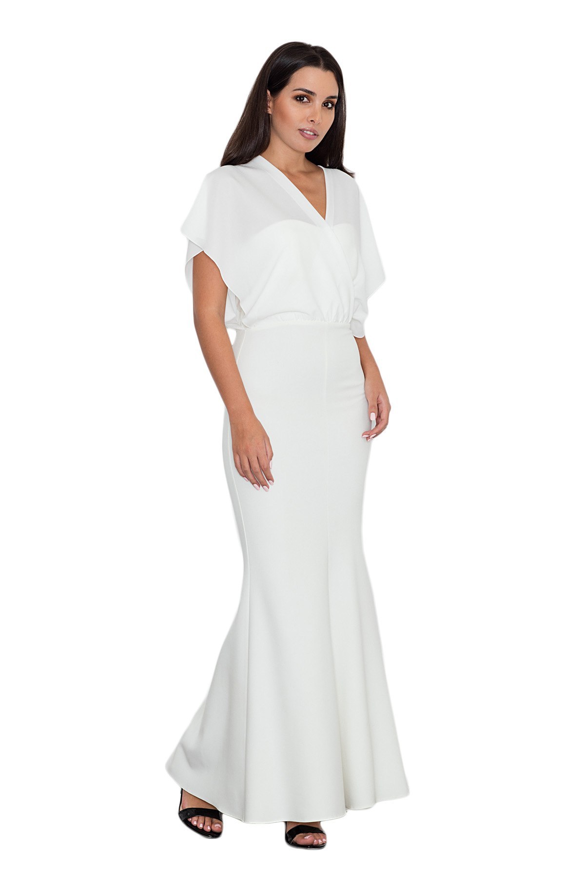 Elegancka sukienka maxi dopasowana z krótkim rękawem ecru M577 Elegancka sukienka maxi dopasowana z krótkim rękawem ecru M577
