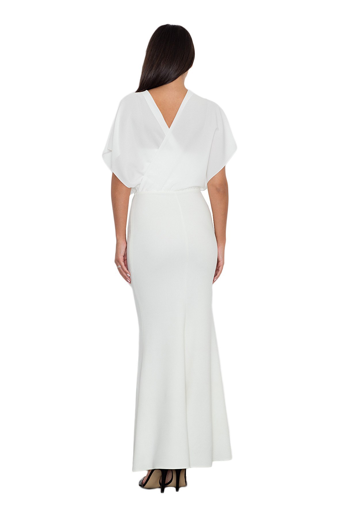 Elegancka sukienka maxi dopasowana z krótkim rękawem ecru M577 Elegancka sukienka maxi dopasowana z krótkim rękawem ecru M577