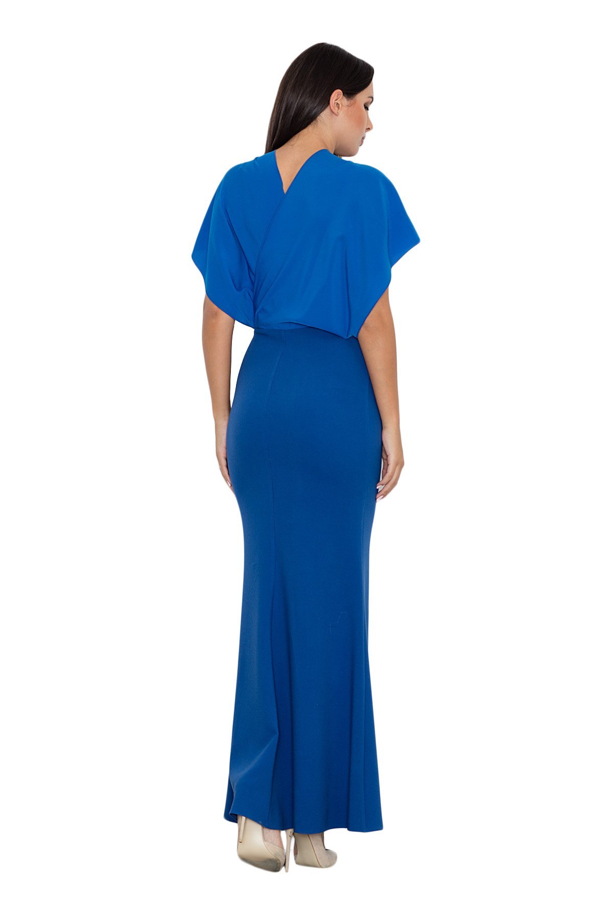 Elegancka sukienka maxi dopasowana z krótkim rękawem niebieska M577 Elegancka sukienka maxi dopasowana z krótkim rękawem niebieska M577