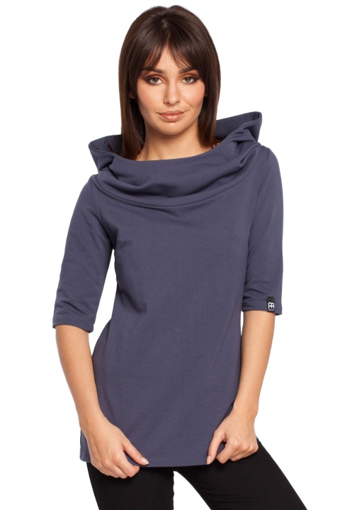 Bluza damska dzianinowa z kapturem i rękawem 3/4 niebieska B026 Bluza damska dzianinowa z kapturem i rękawem 3/4 niebieska B026