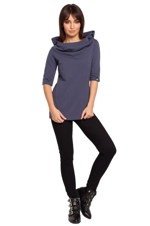 Bluza damska dzianinowa z kapturem i rękawem 3/4 niebieska B026 Bluza damska dzianinowa z kapturem i rękawem 3/4 niebieska B026