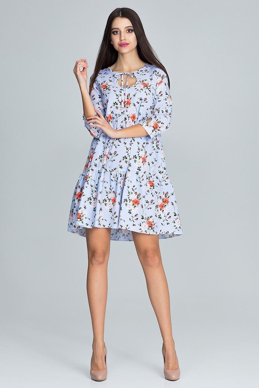 Luźna sukienka trapezowa mini w kwiaty z falbankami wzór 76 M598