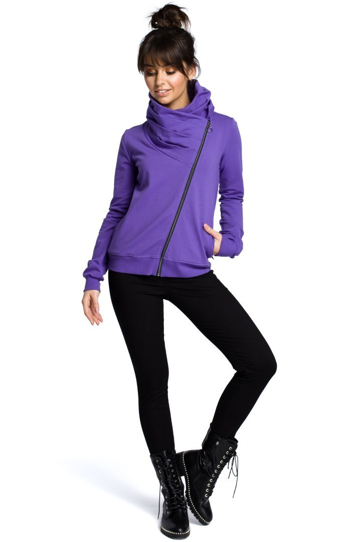 Bluza damska dresowa z kominem zapinana zamkiem na skos fioletowa B071 Bluza damska dresowa z kominem zapinana zamkiem na skos fioletowa B071