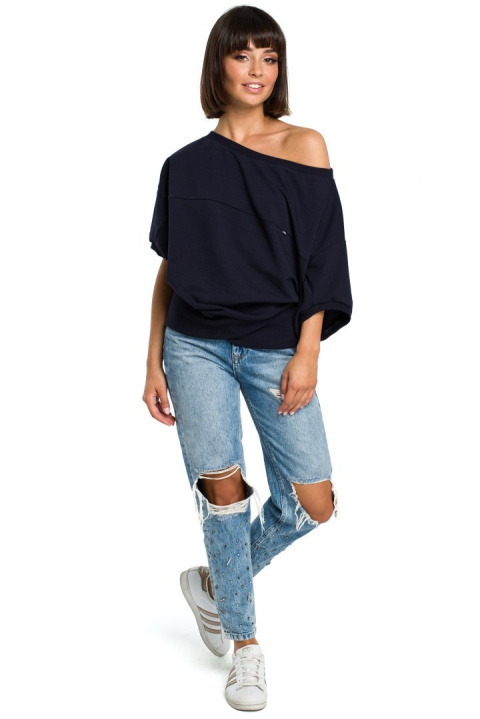Bluza damska luźna oversize krótki kimonowy rękaw granatowa B079 Bluza damska luźna oversize krótki kimonowy rękaw granatowa B079