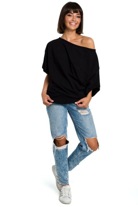 Bluza damska luźna oversize krótki kimonowy rękaw czarna B079 Bluza damska luźna oversize krótki kimonowy rękaw czarna B079