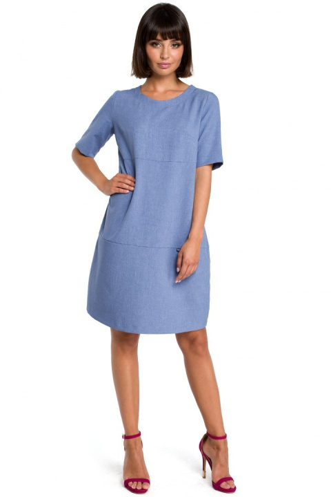 Zwiewna sukienka letnia bombka midi z krótkim rękawem niebieska B082