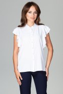 Bluzka damska koszulowa bez rękawów z falbanami biała K482