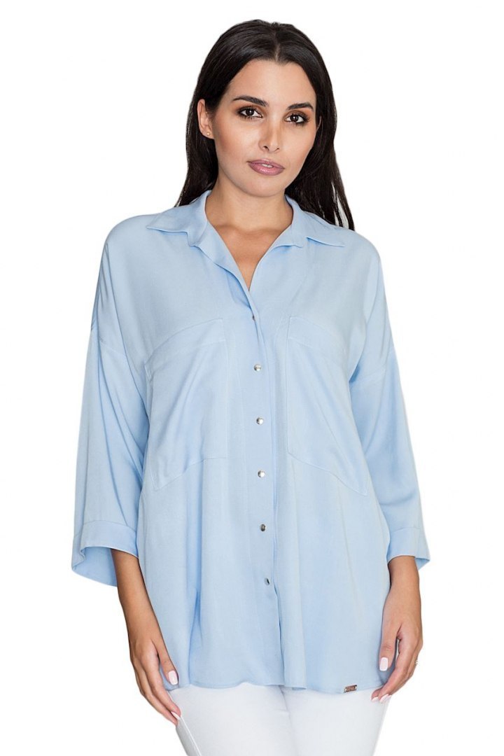 Luźna koszula damska oversize z wiskozy z rękawem 3/4 błękitna M583 Luźna koszula damska oversize z wiskozy z rękawem 3/4 błękitna M583
