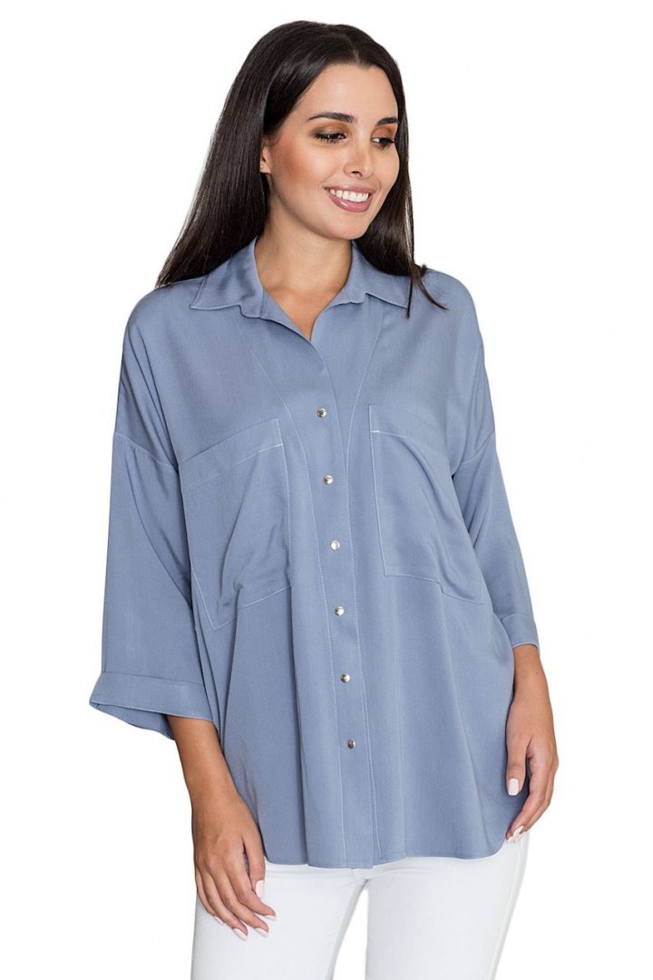 Luźna koszula damska oversize z wiskozy z rękawem 3/4 niebieska M583 Luźna koszula damska oversize z wiskozy z rękawem 3/4 niebieska M583