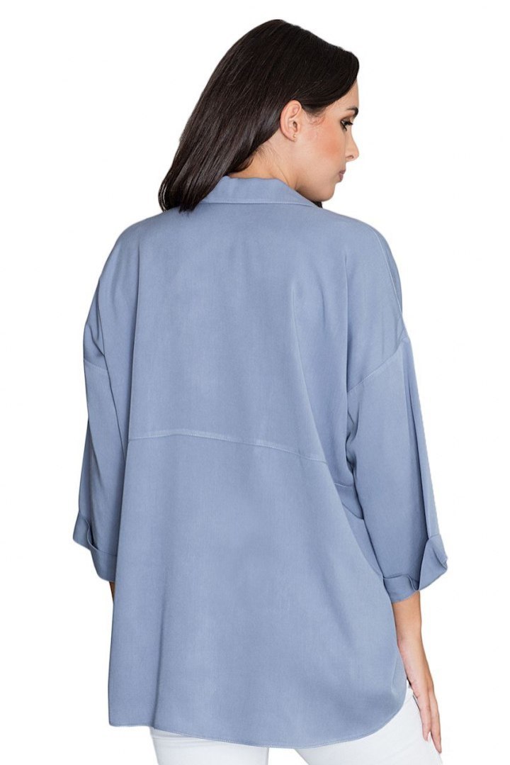 Luźna koszula damska oversize z wiskozy z rękawem 3/4 niebieska M583 Luźna koszula damska oversize z wiskozy z rękawem 3/4 niebieska M583