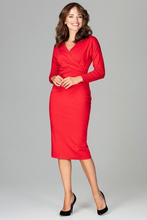Elegancka sukienka midi z wiskozy z długim rękawem czerwona K477 Elegancka sukienka midi z wiskozy z długim rękawem czerwona K477