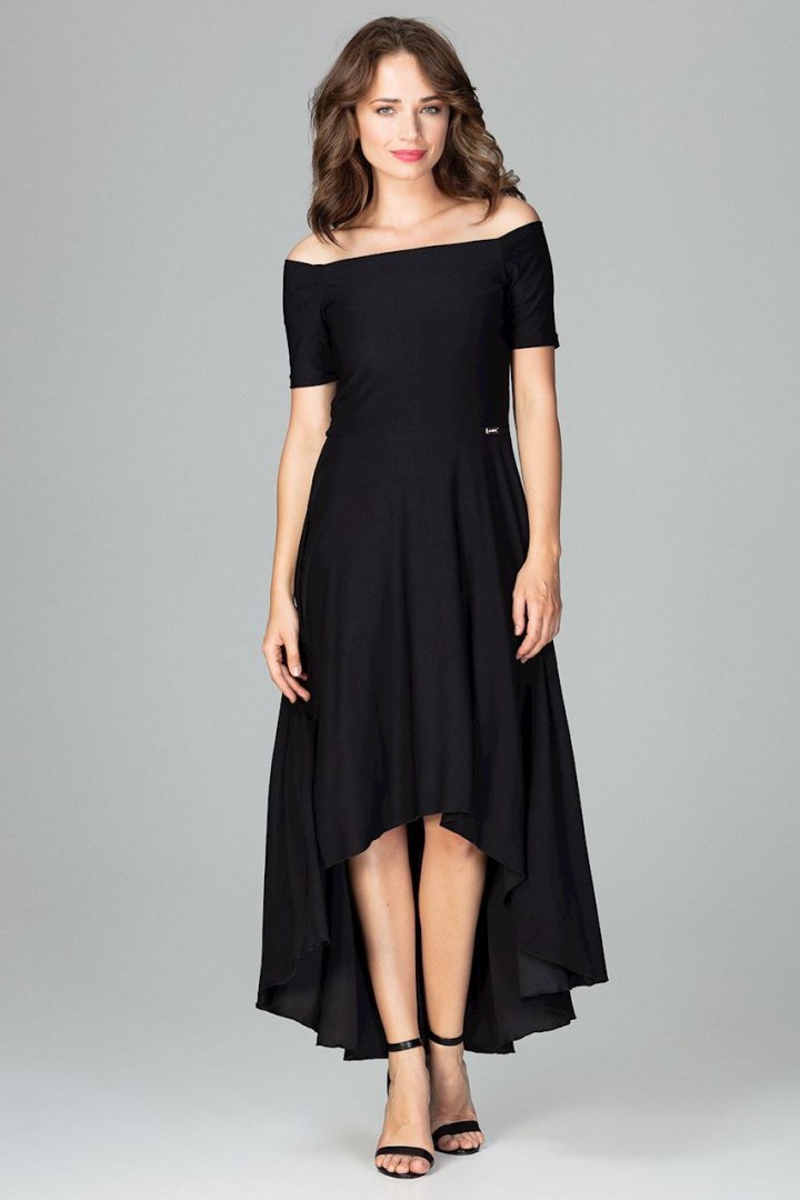 Sukienka asymetryczna maxi z odkrytymi ramionami taliowana czarna K485