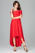Sukienka asymetryczna maxi z odkrytymi ramionami taliowana czerwona K485