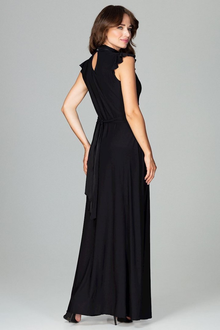 Sukienka maxi rozkloszowana dopasowana w talii bez rękawów czarna K486