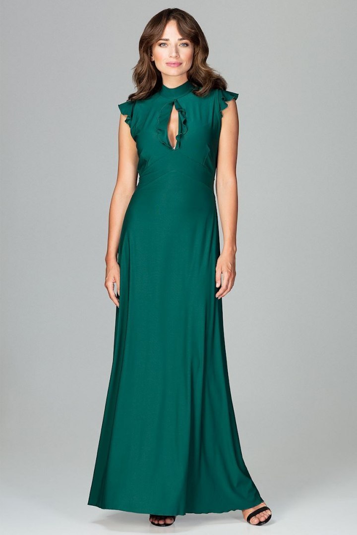 Sukienka maxi rozkloszowana dopasowana w talii bez rękawów zielona K486