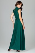 Sukienka maxi rozkloszowana dopasowana w talii bez rękawów zielona K486