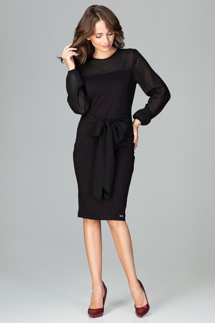 Elegancka sukienka midi z wiskozy z kokardą i długim rękawem czarna K494 Elegancka sukienka midi z wiskozy z kokardą i długim rękawem czarna K494
