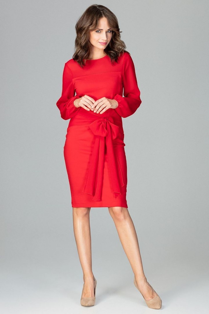 Elegancka sukienka midi z wiskozy z kokardą i długim rękawem czerwona K494
