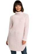 Długi luźny sweter damski z golfem waflowy splot różowy BK005