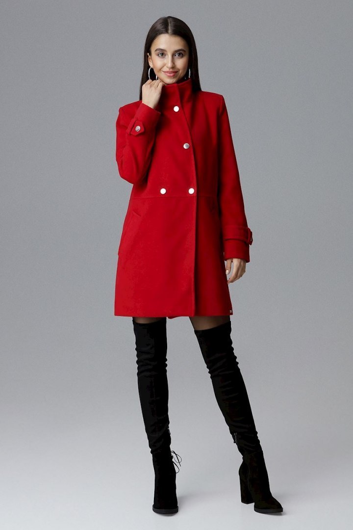 Klasyczny płaszcz damski zapinany dwurzędowy ze stójką czerwony M623
