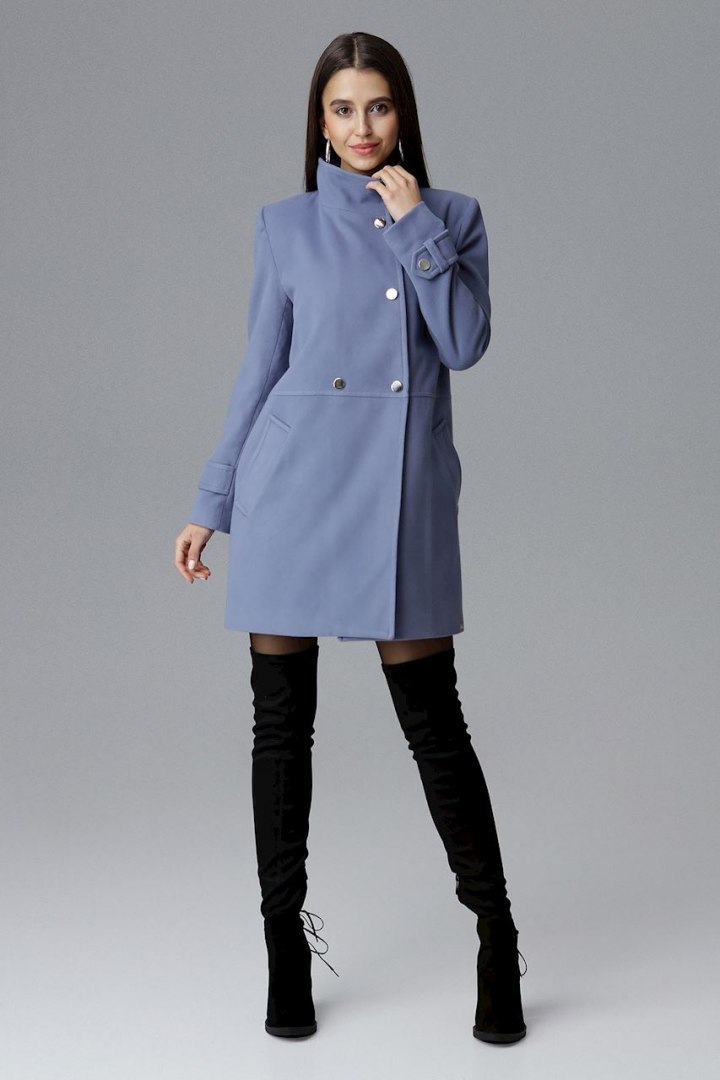 Klasyczny płaszcz damski zapinany dwurzędowy ze stójką niebieski M623