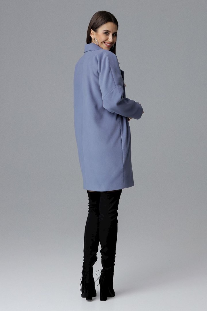 Klasyczny płaszcz damski zapinany dwurzędowy ze stójką niebieski M623