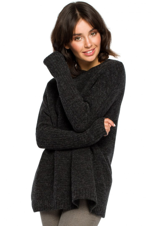Sweter damski luźny oversize gruby ze ściągaczem antracytowy BK009 Sweter damski luźny oversize gruby ze ściągaczem antracytowy BK009