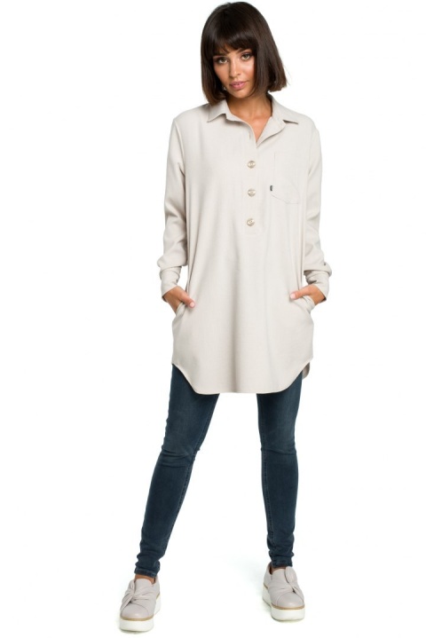 Tunika koszulowa mini oversize z długim rękawem zapinana beżowa B086 Tunika koszulowa mini oversize z długim rękawem zapinana beżowa B086
