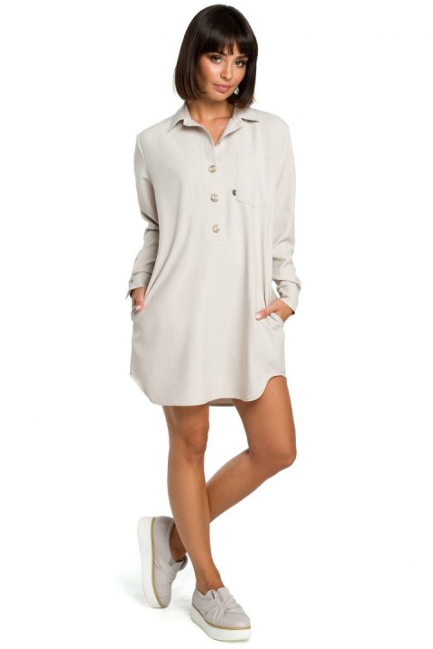 Tunika koszulowa mini oversize z długim rękawem zapinana beżowa B086 Tunika koszulowa mini oversize z długim rękawem zapinana beżowa B086