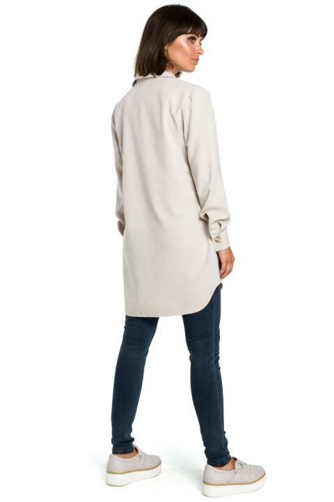Tunika koszulowa mini oversize z długim rękawem zapinana beżowa B086 Tunika koszulowa mini oversize z długim rękawem zapinana beżowa B086