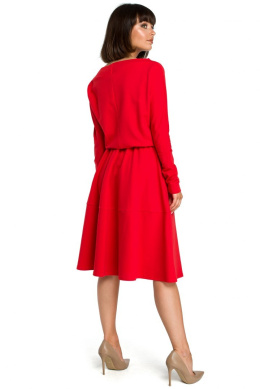 Sukienka rozkloszowana midi z gumką w pasie długi rękaw czerwona B087