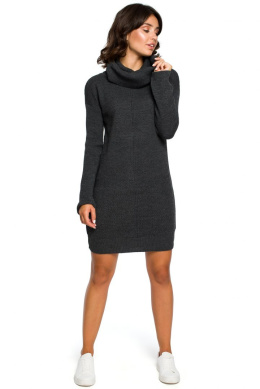 Swetrowa sukienka mini z golfem waflowy splot długi rękaw grafitowa BK010