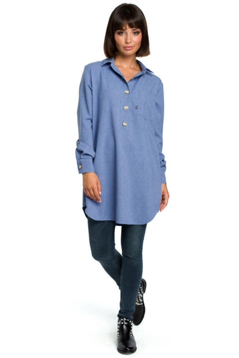 Tunika koszulowa mini oversize z długim rękawem zapinana niebieska B086 Tunika koszulowa mini oversize z długim rękawem zapinana niebieska B086