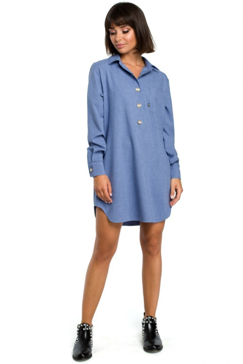 Tunika koszulowa mini oversize z długim rękawem zapinana niebieska B086 Tunika koszulowa mini oversize z długim rękawem zapinana niebieska B086