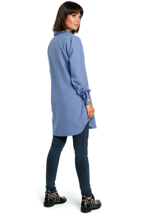 Tunika koszulowa mini oversize z długim rękawem zapinana niebieska B086 Tunika koszulowa mini oversize z długim rękawem zapinana niebieska B086