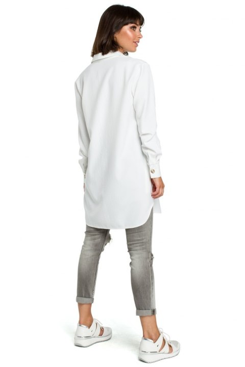 Tunika koszulowa mini oversize z długim rękawem zapinana biała B086 Tunika koszulowa mini oversize z długim rękawem zapinana biała B086