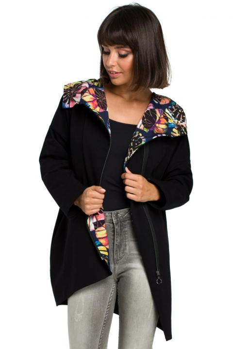 Bluza damska oversize z kapturem rozpinana na skos czarna B091 Bluza damska oversize z kapturem rozpinana na skos czarna B091