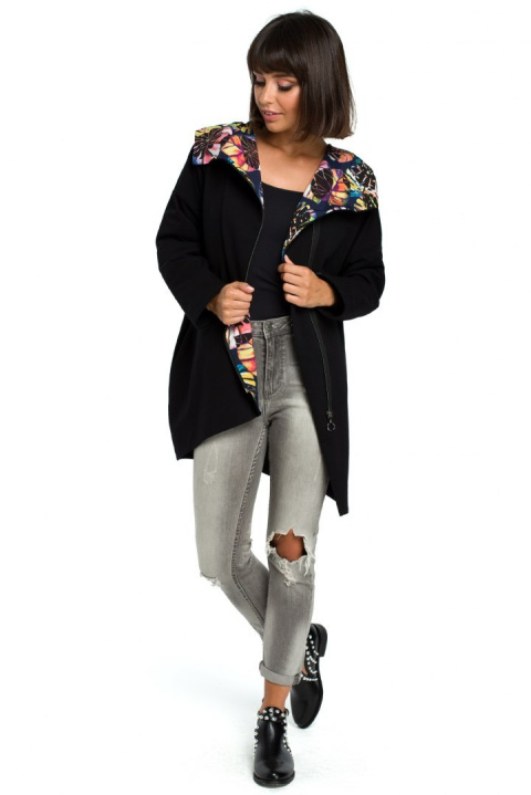 Bluza damska oversize z kapturem rozpinana na skos czarna B091 Bluza damska oversize z kapturem rozpinana na skos czarna B091