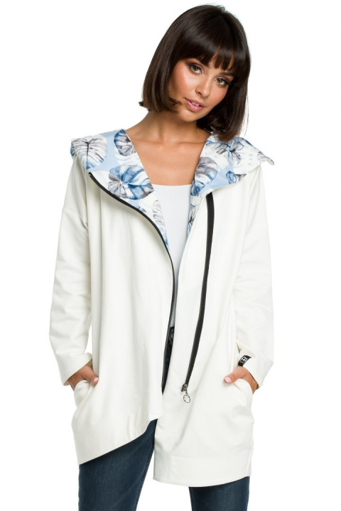 Bluza damska oversize z kapturem rozpinana na skos ecru B091 Bluza damska oversize z kapturem rozpinana na skos ecru B091