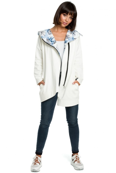 Bluza damska oversize z kapturem rozpinana na skos ecru B091 Bluza damska oversize z kapturem rozpinana na skos ecru B091