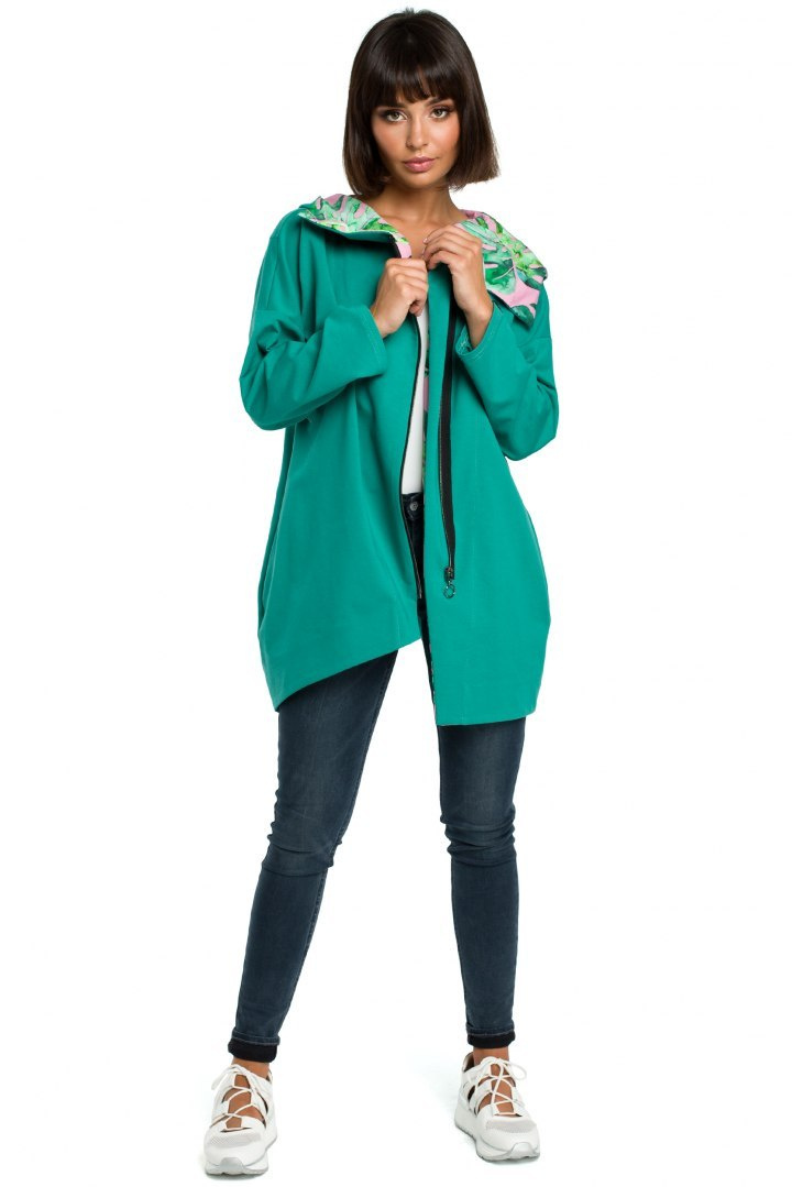 Bluza damska oversize z kapturem rozpinana na skos zielona B091